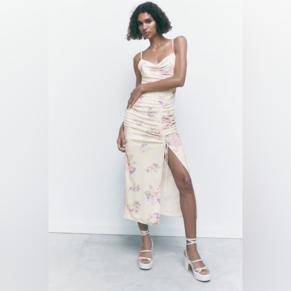 Zara Printed Draped Floral Midi Dress with Side Slit